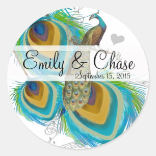 Aqua Grey 3 Peacock Feathers Wedding Sticker
