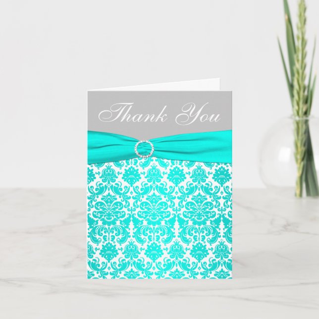 Aqua, Grey, and White Damask Thank You Card (Front)