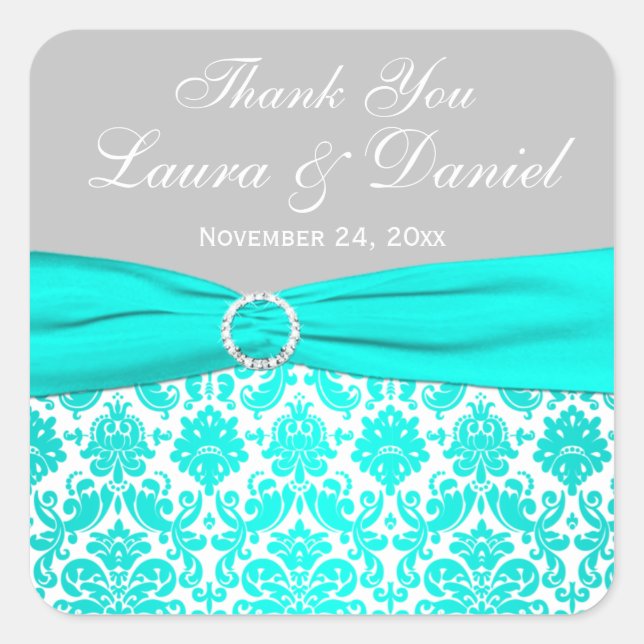 Aqua, Grey, and White Damask Wedding Favour Sticke Square Sticker (Front)