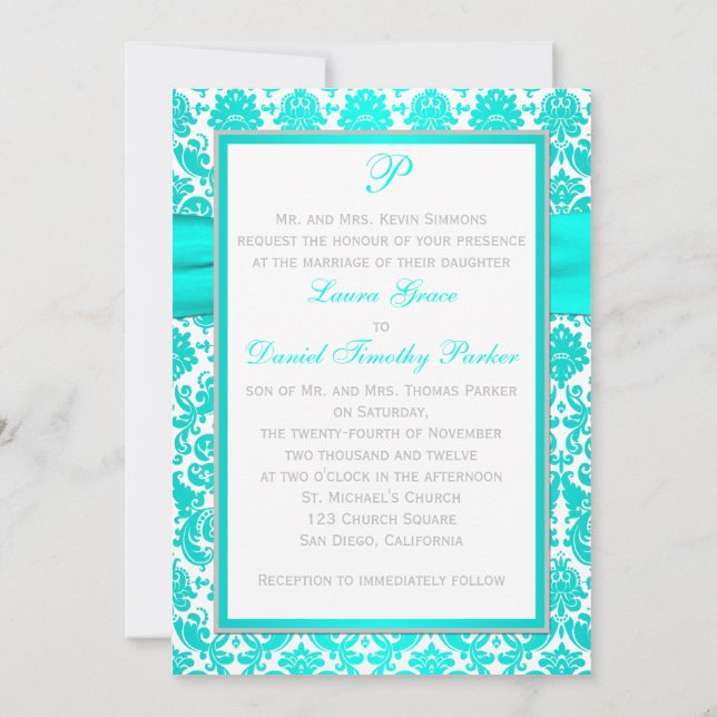 Aqua, Grey, and White Damask Wedding Invitation (Back)