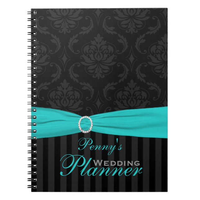 Aqua, Grey, Black Damask Striped Notebook (Front)