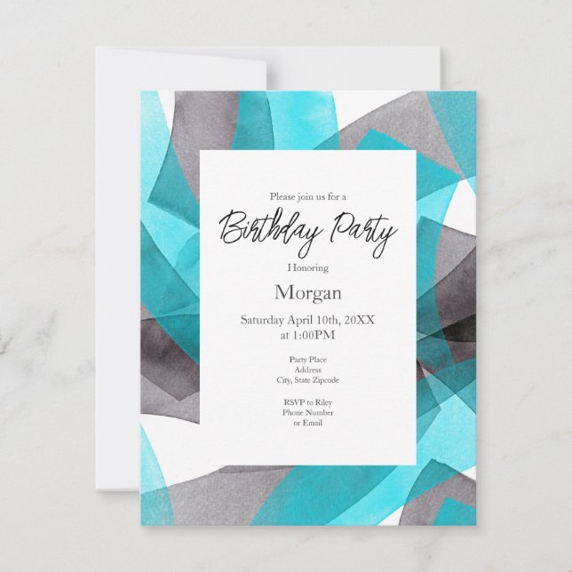  Aqua Grey Black Watercolor Abstract Brushstrokes  Invitation (Front)