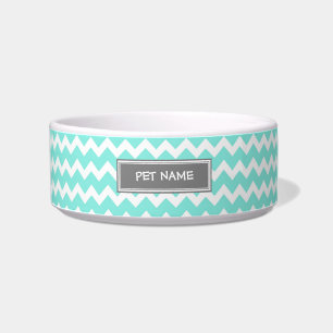 Aqua Grey Chevron Custom Name Cat Bowl