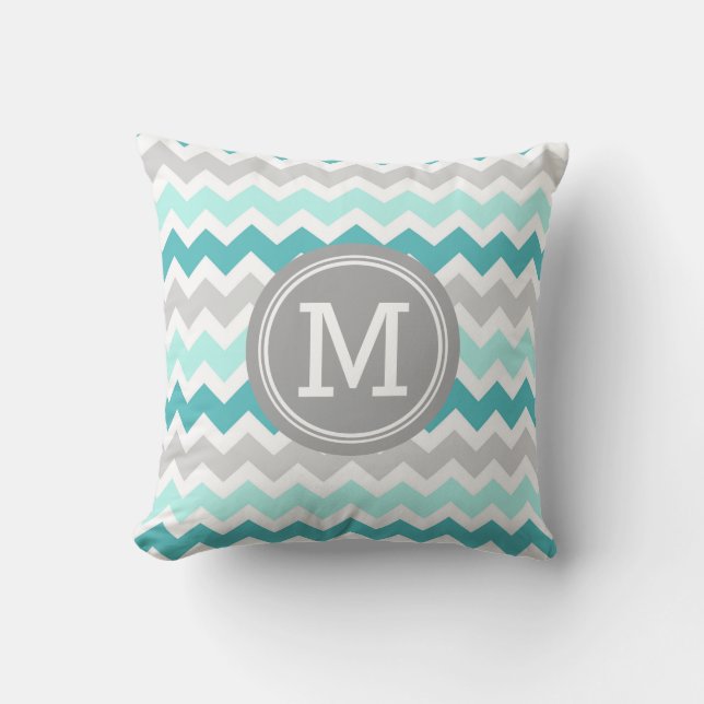Aqua Grey Chevron Monogram Decorative Pillow (Front)