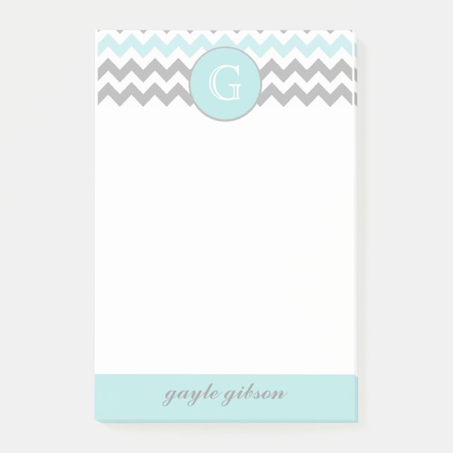 Aqua Grey Chevron Monogram Post-it® Notes (Front)