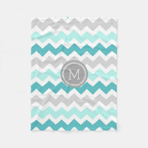 Aqua Grey Chevron Pattern Monogram Blanket