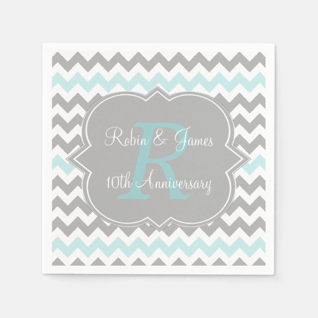 Aqua Grey Chevron Personalised Anniversary Napkins (Front)