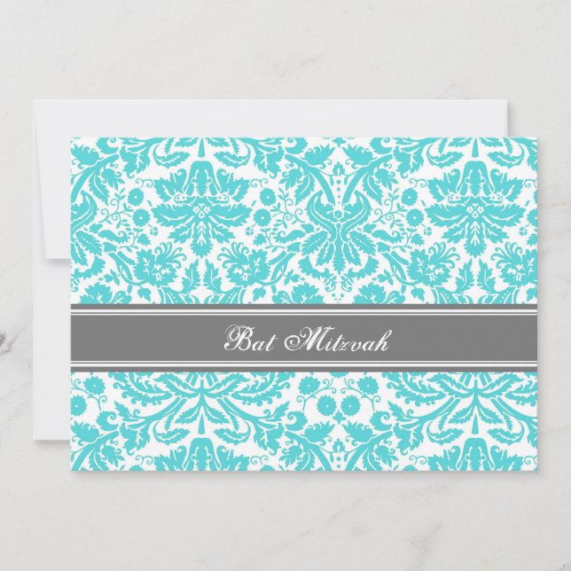 Aqua Grey Damask Bat Mitzvah Invitations (Front)