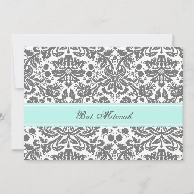 Aqua Grey Damask Bat Mitzvah Invitations (Front)