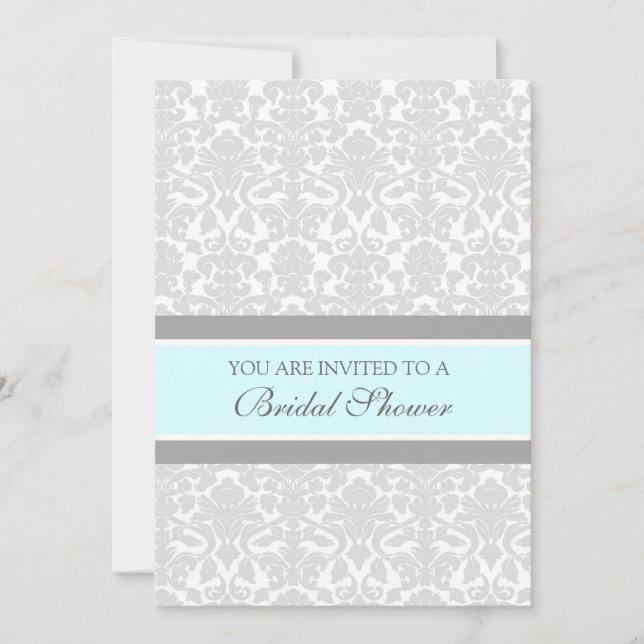 Aqua Grey Damask Bridal Shower Invitation Cards (Front)