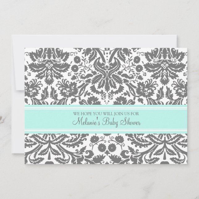 Aqua Grey Damask Custom Baby Shower Invitations (Front)