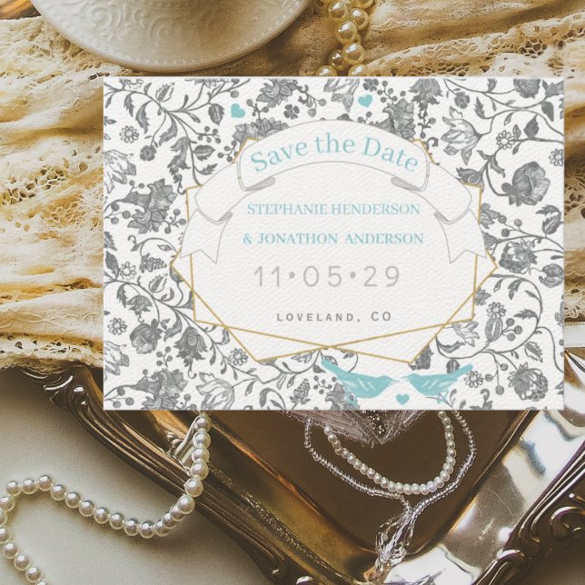 Aqua Grey Floral Pattern Blue Love Bird Wedding Invitation (Creator Uploaded)