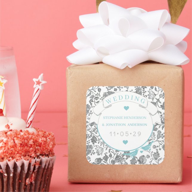 Aqua Grey Floral Pattern Blue Love Bird Wedding Square Sticker (Party)