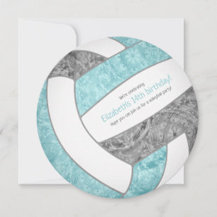 aqua grey girly volleyball birthday party announcement