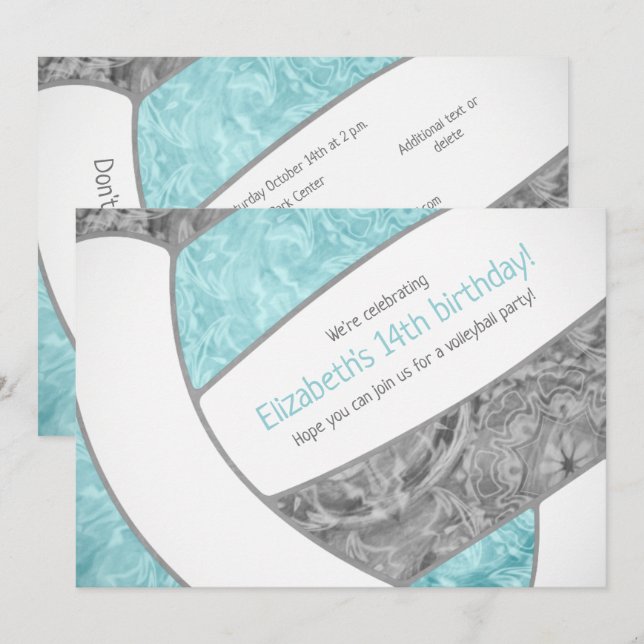 aqua grey girly volleyball birthday party invitation (Front/Back)