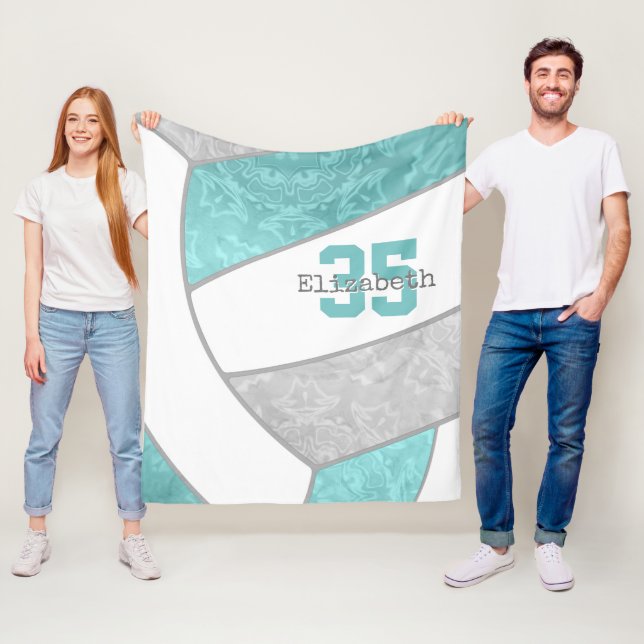 aqua grey girly volleyball w athlete custom name fleece blanket (In Situ)