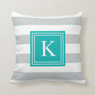 Aqua & Grey Monogram Striped Throw Pillow