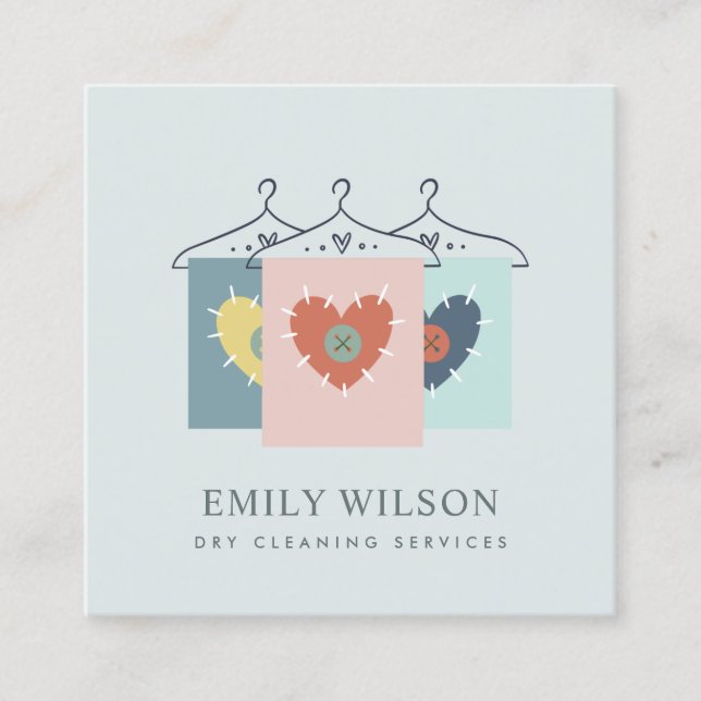 AQUA GREY ORANGE BLUSH HANGING CLOTHES DRYCLEANER SQUARE BUSINESS CARD (Front)