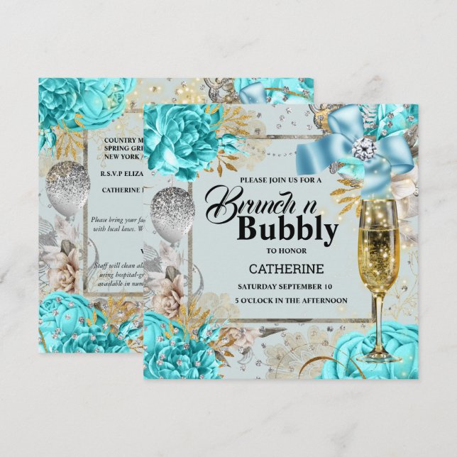 Aqua grey rose shabby chic bubbly glitter invitation (Front/Back)