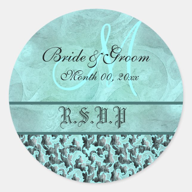Aqua grey rsvp wedding floral damask classic round sticker (Front)
