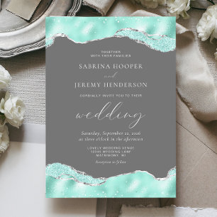 Aqua Grey Silver Foil Glitter Wedding Invitation