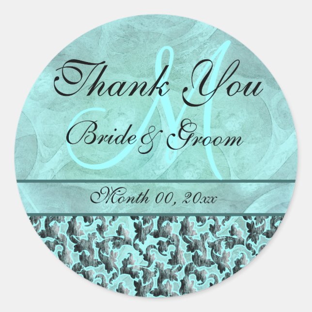 Aqua grey "thank you" wedding damask classic round sticker (Front)