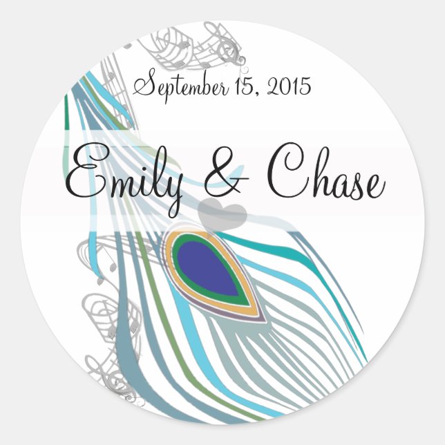 Aqua Grey  Vintage Peacock Feather Wedding Sticker (Front)