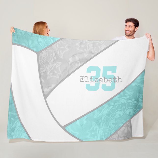 aqua grey volleyball custom name jersey number fleece blanket (In Situ)