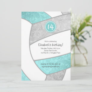 aqua grey volleyball girly sports birthday party invitation