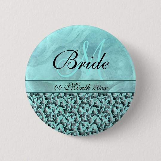 aqua grey wedding bride floral damask 6 cm round badge
