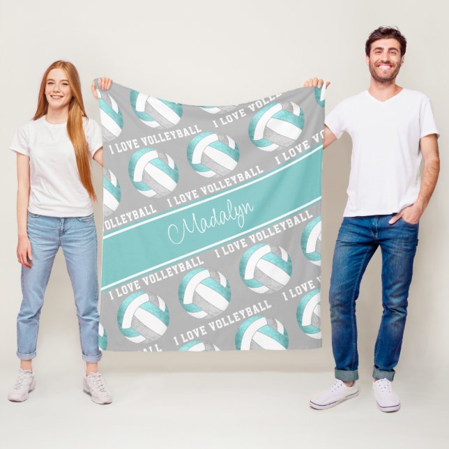 aqua grey white girls love volleyball room decor fleece blanket (In Situ)