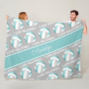 aqua grey white girls love volleyball sports room  fleece blanket
