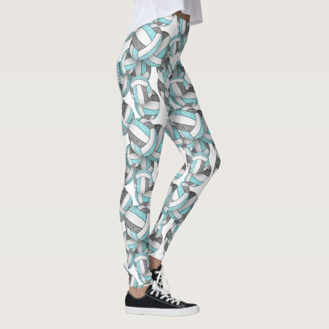 Aqua grey white girly volleyballs pattern leggings (Right)