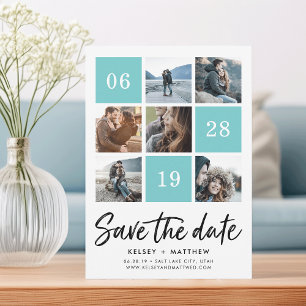 Aqua Grid Collage Photo Save the Date