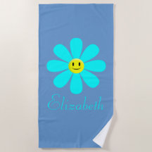 Aqua Happy Face Flower Personalised Beach Towel
