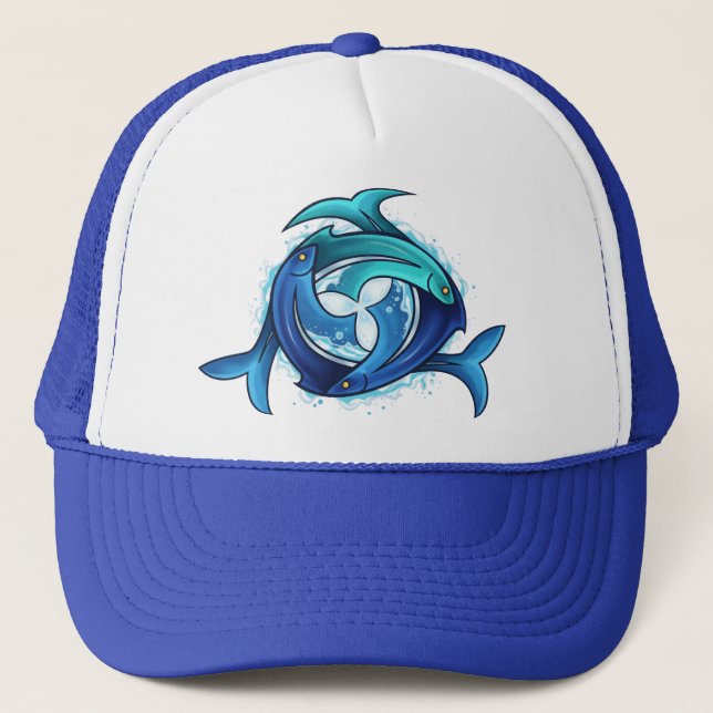 Aqua Harmony: Intertwined Fish Trinity Trucker Hat (Front)