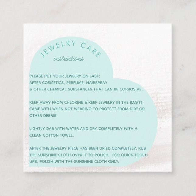 Aqua Heart Arch Jewellery Care Instruction Thanks Square Business Card (Front)
