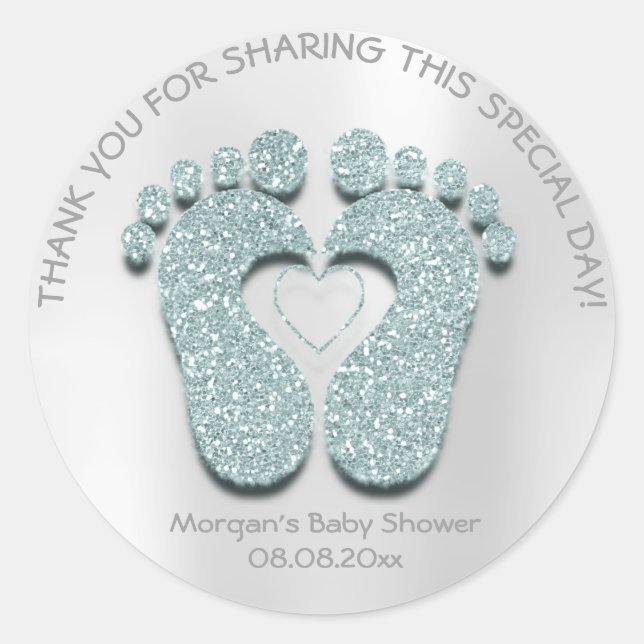 Aqua Heart Feet Baby Shower Favour Gift Thank Boy Classic Round Sticker (Front)