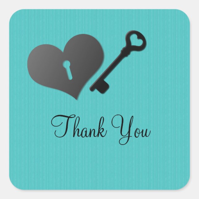 Aqua Heart Lock and Key Thank You Stickers (Front)