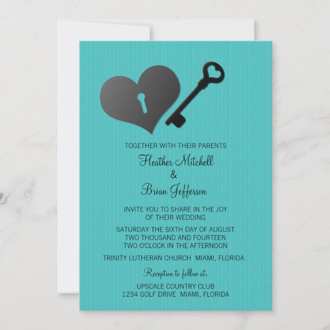 Aqua Heart Lock and Key Wedding Invite (Front)