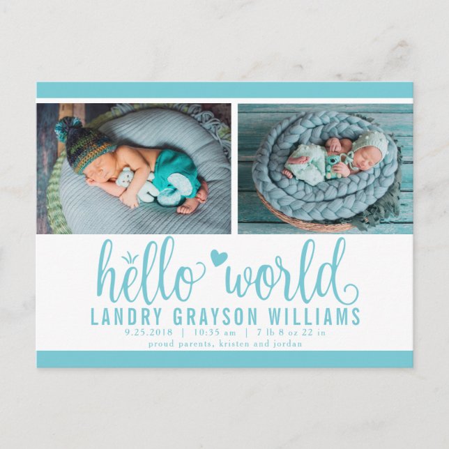 Aqua Hello World Photo Birth Stat Announcement Postcard (Front)