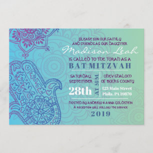 Aqua HEMSA HAND of GOD Bat Mitzvah Invitation