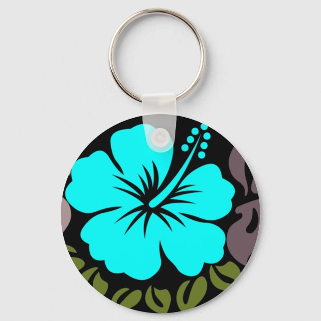 Aqua Hibiscus and Leaves Key Ring (Front)