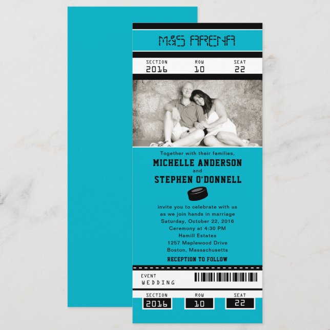Aqua Hockey Ticket Wedding Invitation (Front/Back)