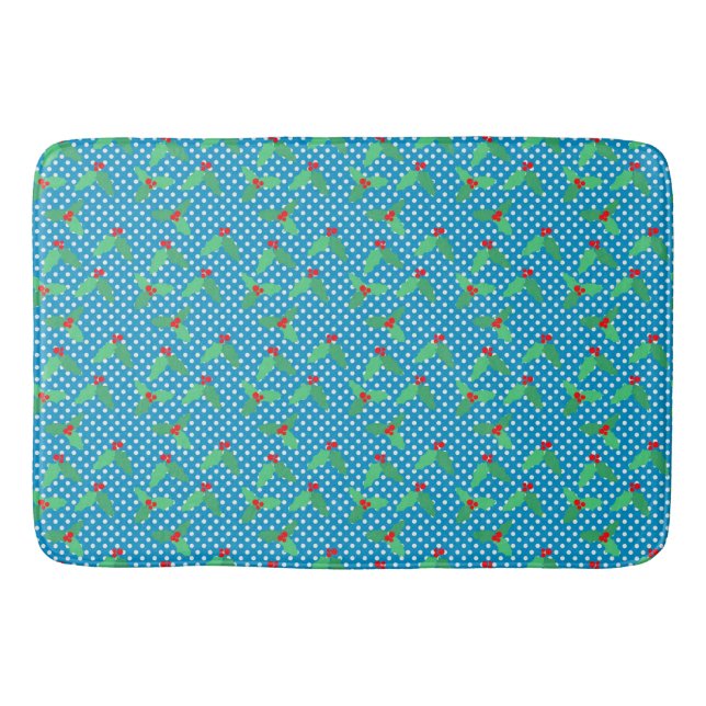 Aqua Holly Leaves Christmas Large Bath Mat (Front)