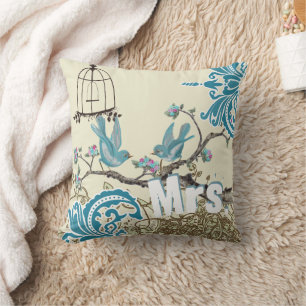 Aqua Hot Pink Birds Mrs. Brides Pillow