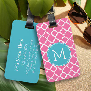 Aqua Hot Pink Quatrefoil Pattern Custom Monogram Luggage Tag
