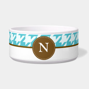 Aqua Houndstooth Pattern Monogram Pet Bowl