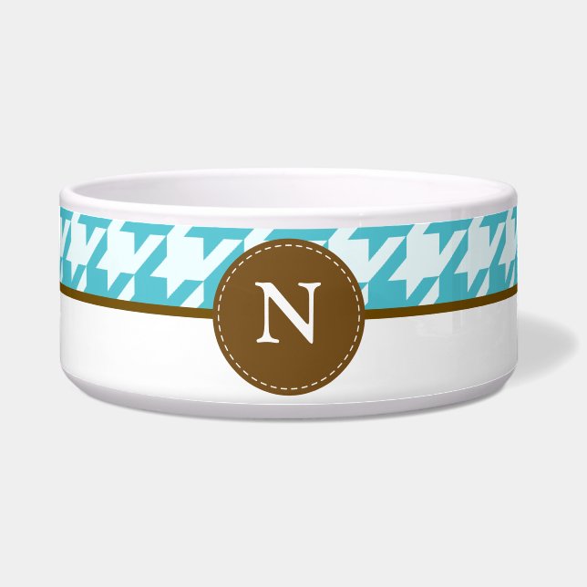 Aqua Houndstooth Pattern Monogram Pet Bowl (Front)