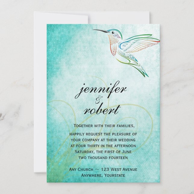 Aqua Hummingbird Watercolor Wedding Invitation (Front)